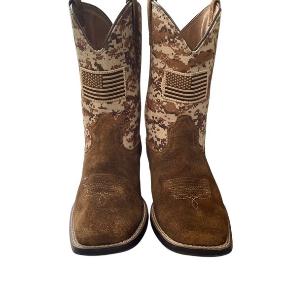 Ariat Kids Camo Western Boots 5 Square Toe Leather Cowboy US Flag Patriotic Chic - Picture 3 of 11